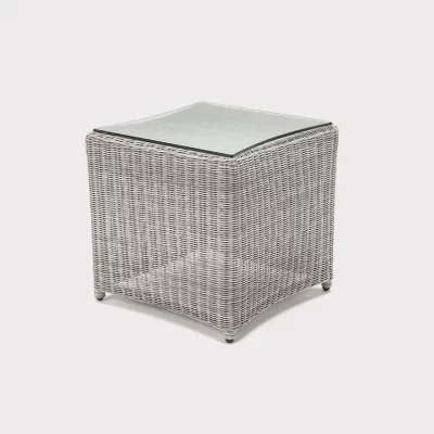 Palma wicker side table with glass top in white wash on white background