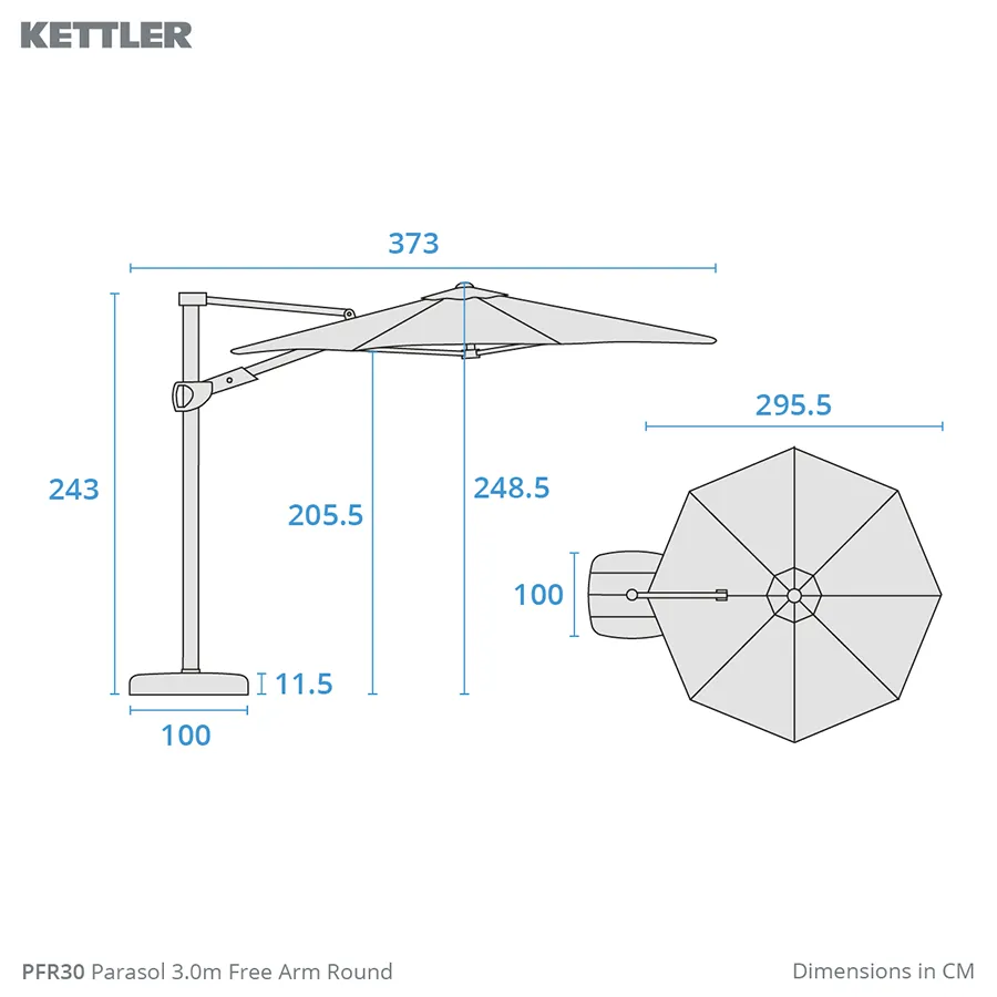 Dimension drawing 3m free arm parasol