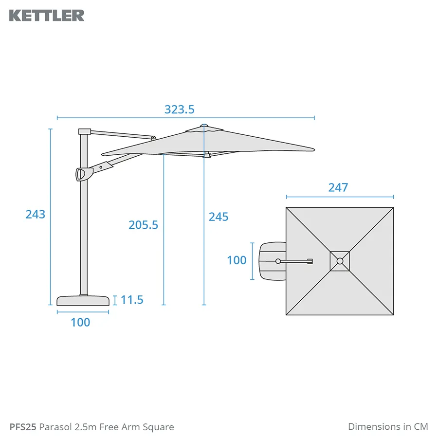 Dimension drawing 2.5m free arm square parasol
