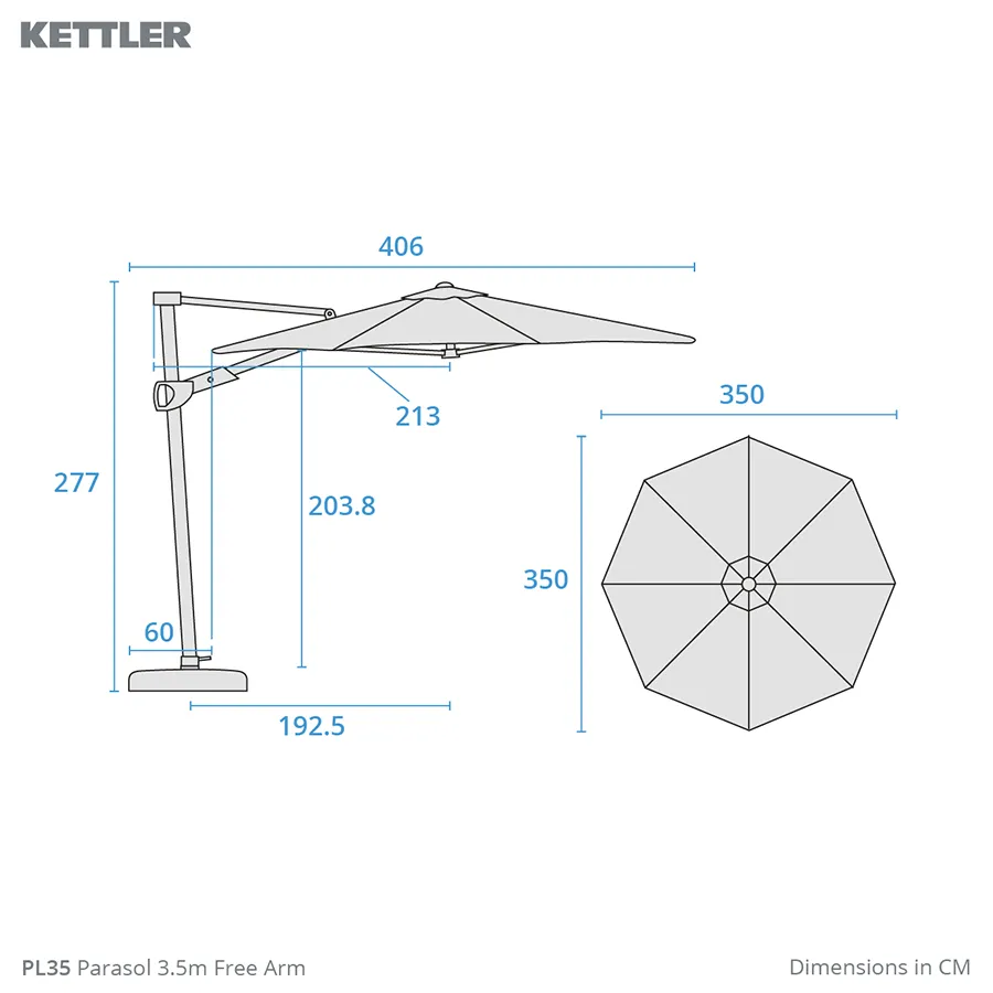 Dimension drawing 3.5m free arm parasol stand