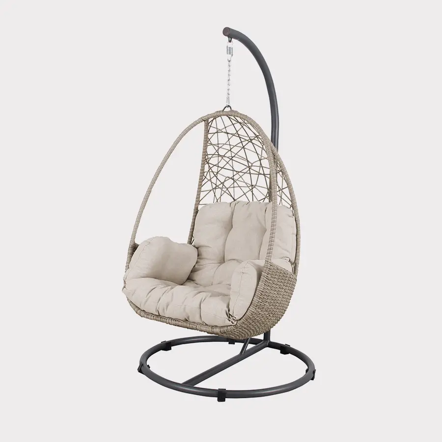 Palma single cocoon swinging seat in oyster wicker on a plain white background