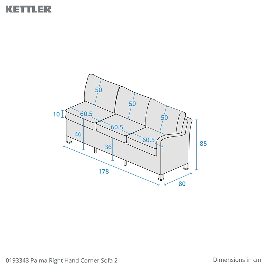 Dimension drawing for palma right hand corner sofa