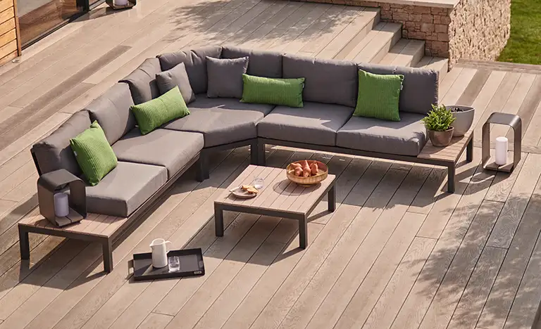 Aerial veiw of an Elba low lounge corner set on a modern decking