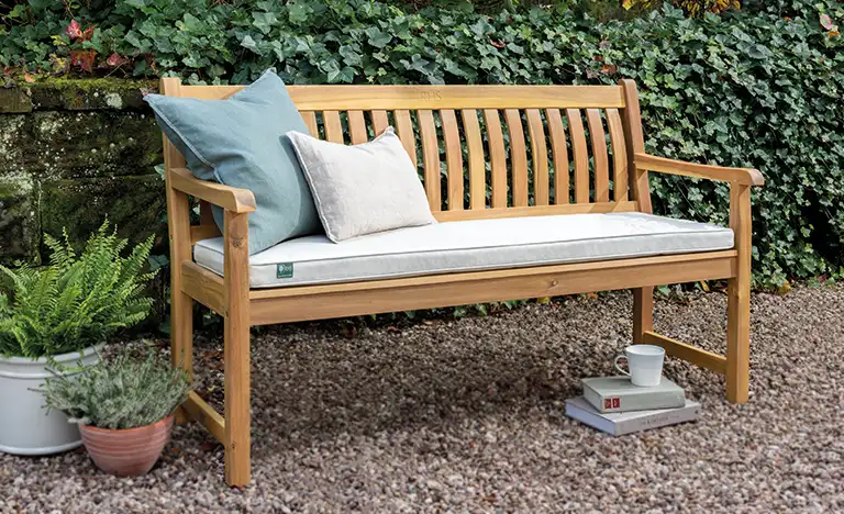 RHS chelsea 5 foot wide wooden bench in the garden
