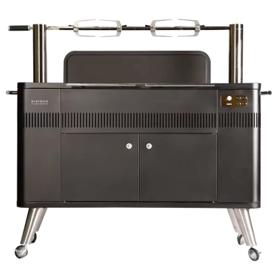 Hub II BBQ with lid off and rotisserie front view