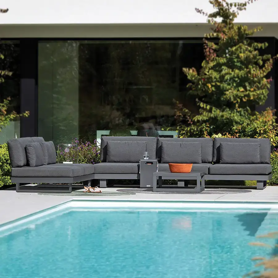 bari lite lounge set on patio next to outdoor pool