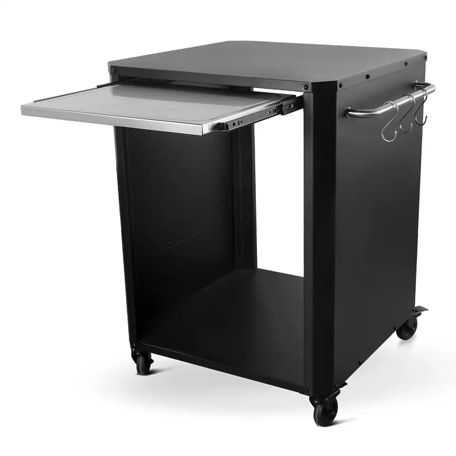 Cozze pizza oven table with shelf extending out for extar work space