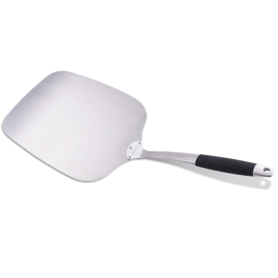 stainless steel pizza paddle on white background