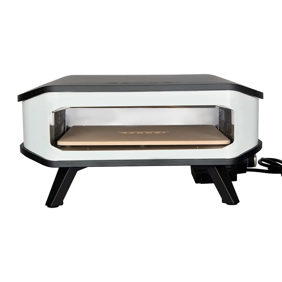 Cozze 17 inch electric pizza oven with door open on a white background