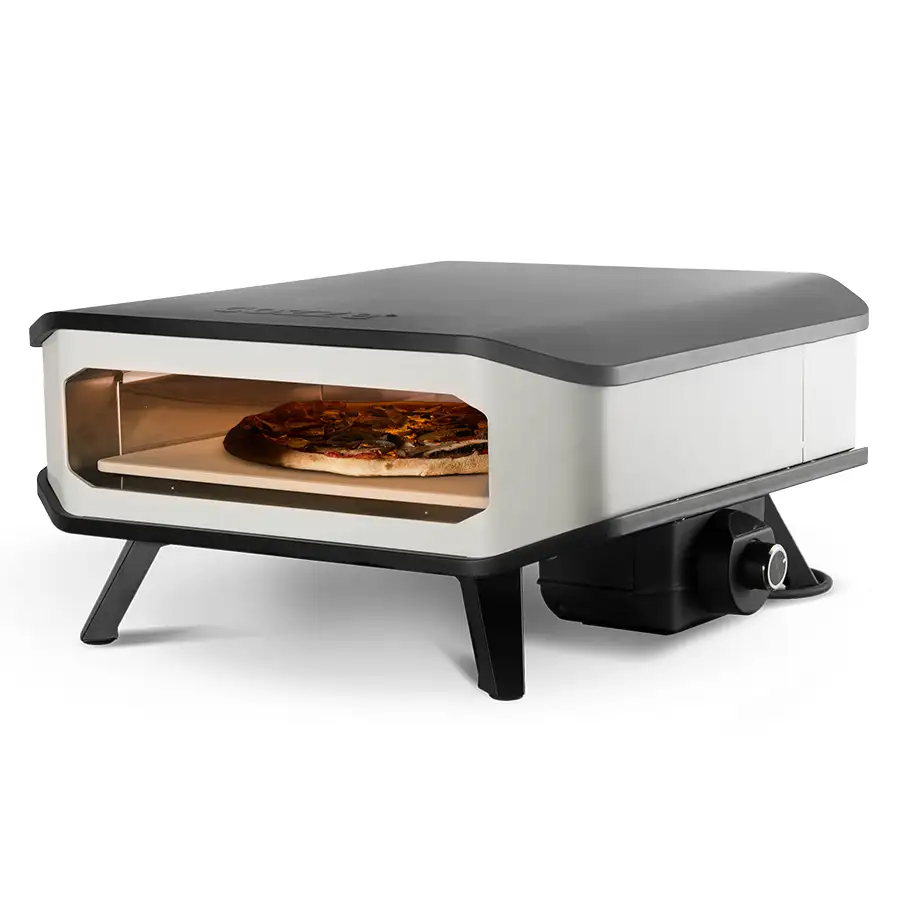 Cozze 17 inch electric pizza oven with door open and pizza cooking inside on a white background