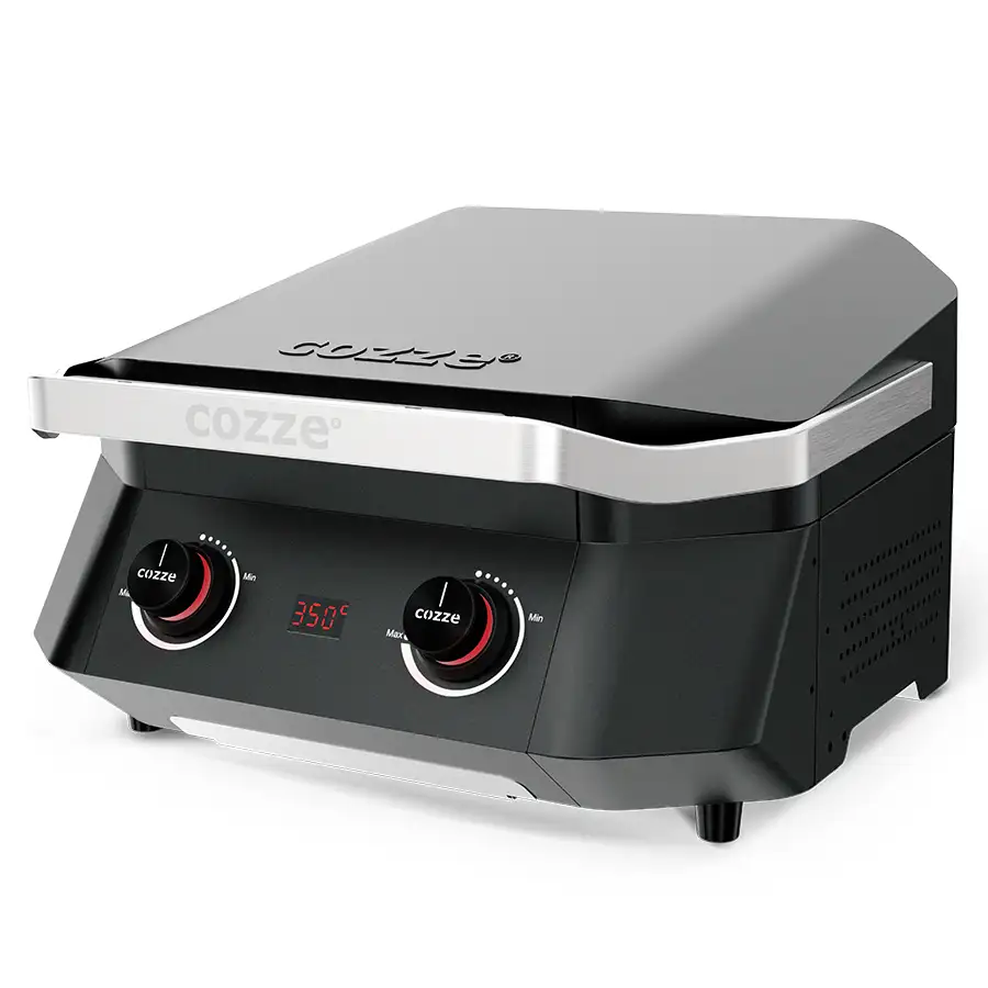 Cozze electric grill E500 with lid closed on a white background