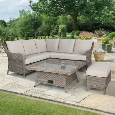 Charlbury Signature Mini Corner Set on a garden patio witht he table in a low position