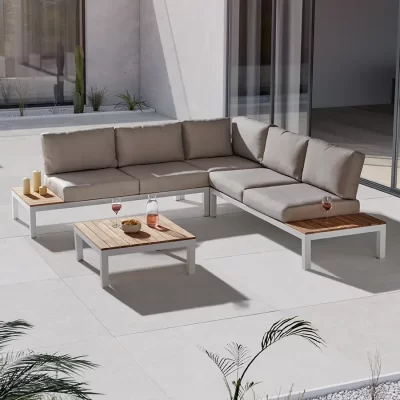 elba standard corner set with coffee table in white with stone cusions