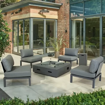 4 x elba side chairs with firepit table on a modern garden patio