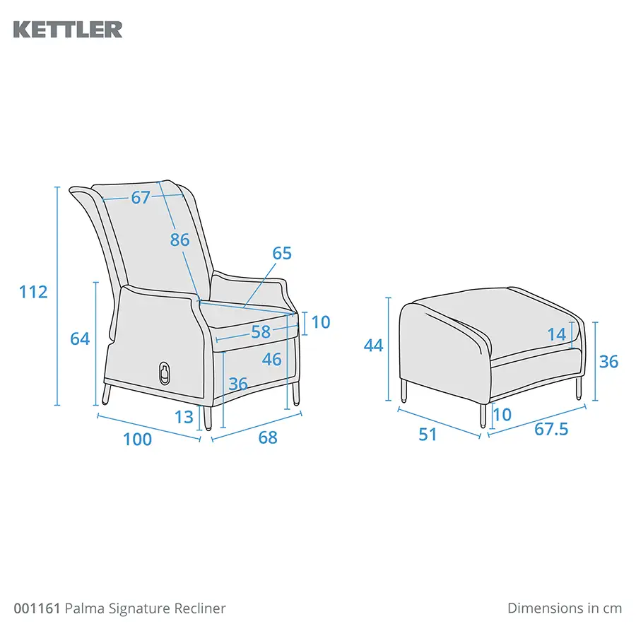 Drawing of Palma Recliner and footstool with product dimensions