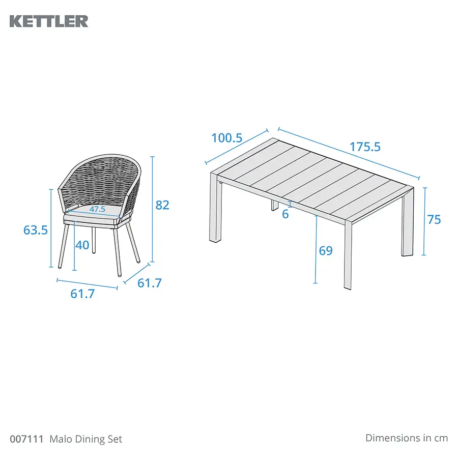 Kettler Malo dining set dimension drawings