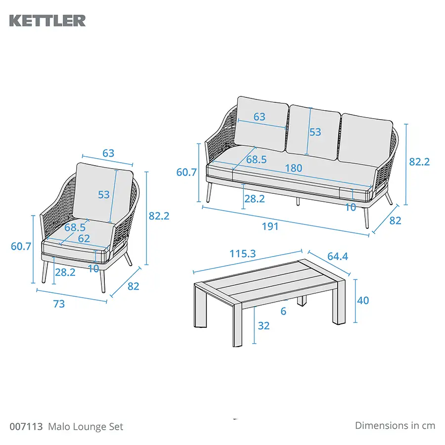 Kettler Malo lounge set dimension drawings