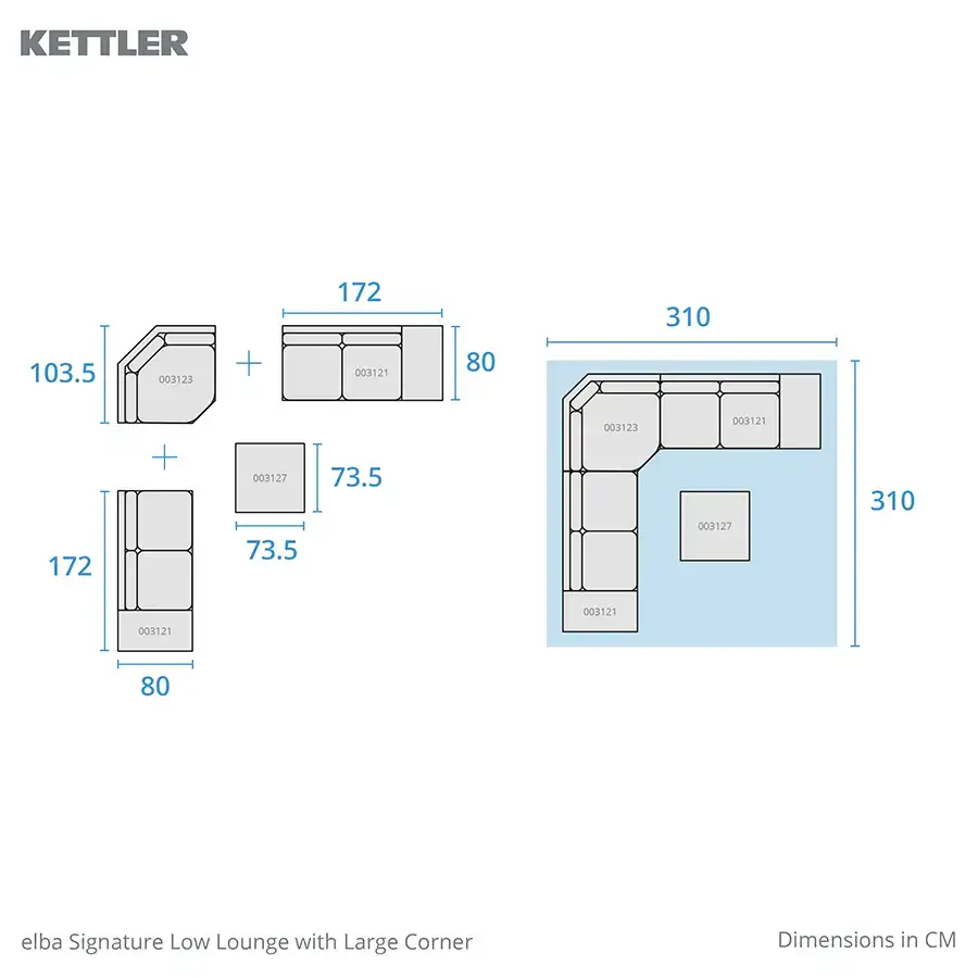 elba Signature low lounge set with large corner sofa footprint dimensions