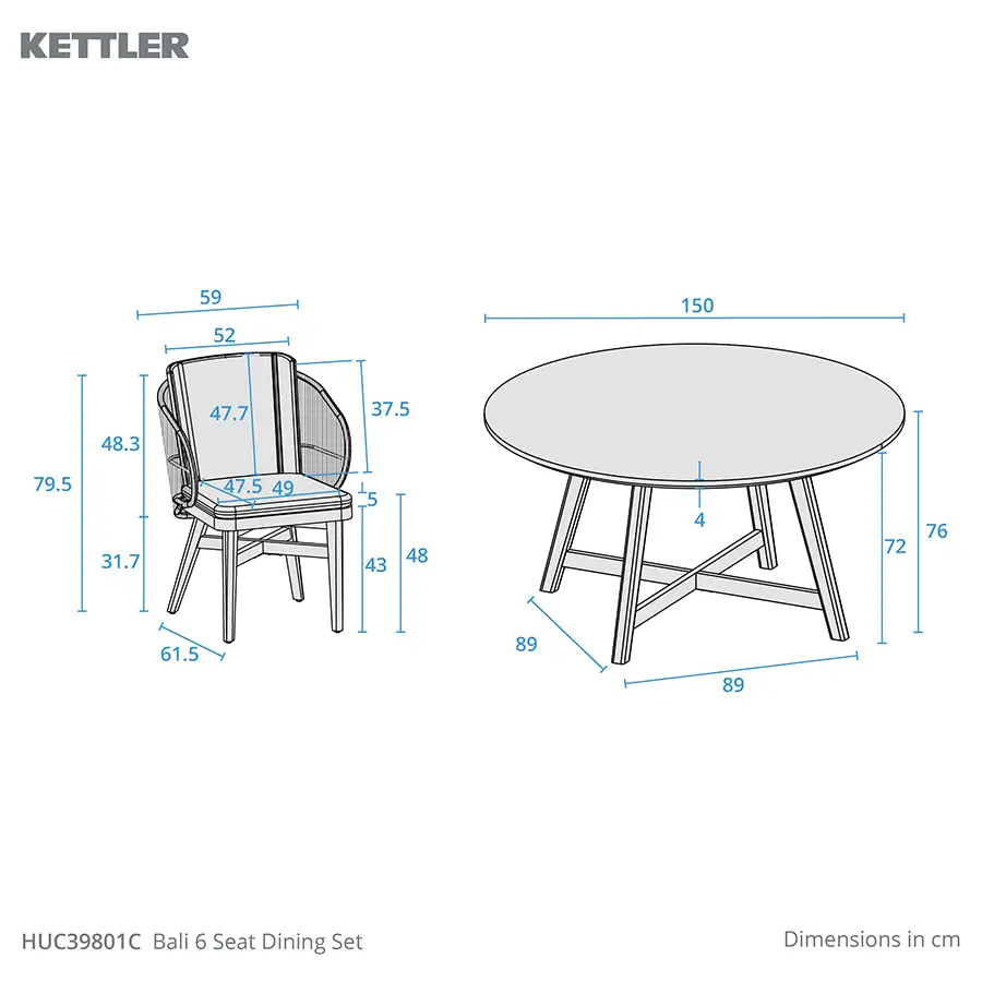 Bali Dining Set product dimension drawings