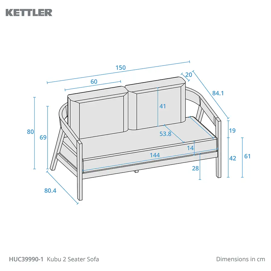 Kubu 2 Seat Sofa product dimension drawing