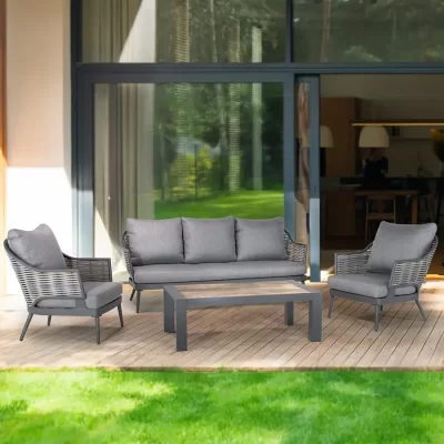 Malo 5 seat lounge set on a wooden veranda outside a modern house