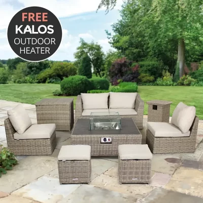 Palma Compact Garden Furniture set in oyster with stone cushions in a garden setting