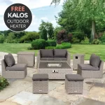 Palma Compact Garden Furniture set in white wash with grey taupe cushions in a garden setting