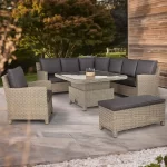 Palma Signature Grande Set in White Wash with glass top High/Low Table, armchair and bench on a garden terrace
