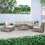 Palma Low Lounge Corner Set in oyster with stone cushions on marble garden terrace with companion set