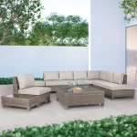 Palma Low Lounge Corner Set in oyster with stone cushions on marble garden terrace with fire pit table