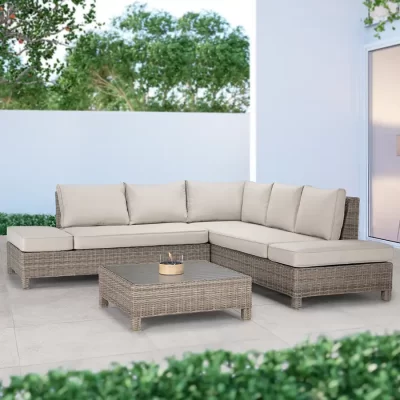 Palma Low Lounge Corner Set in oyster with stone cushions on marble garden terrace