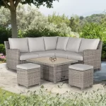 Palma Signiture Mini Corner Set with slat top table in oyster in a garden setting