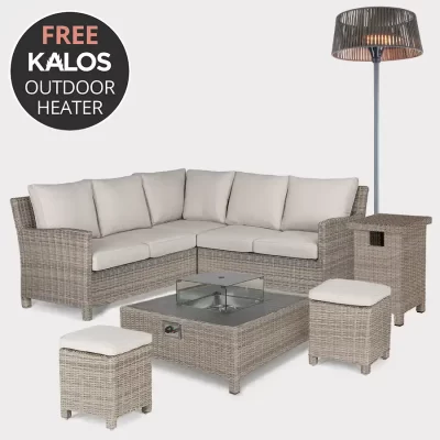 Palma Mini Corner set in oyster with fire pit table and gas bottle storage and Kalos Plush floor standing heater